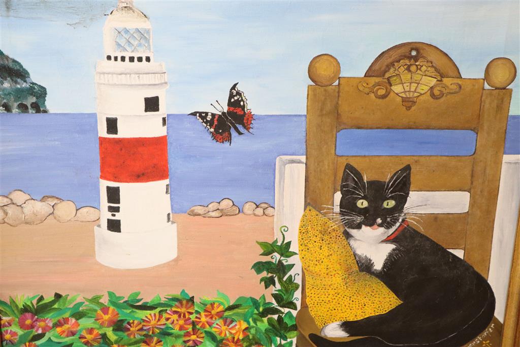 J.K. Gerstorfer Cat, butterfly and lighthouse 18 x 21in.